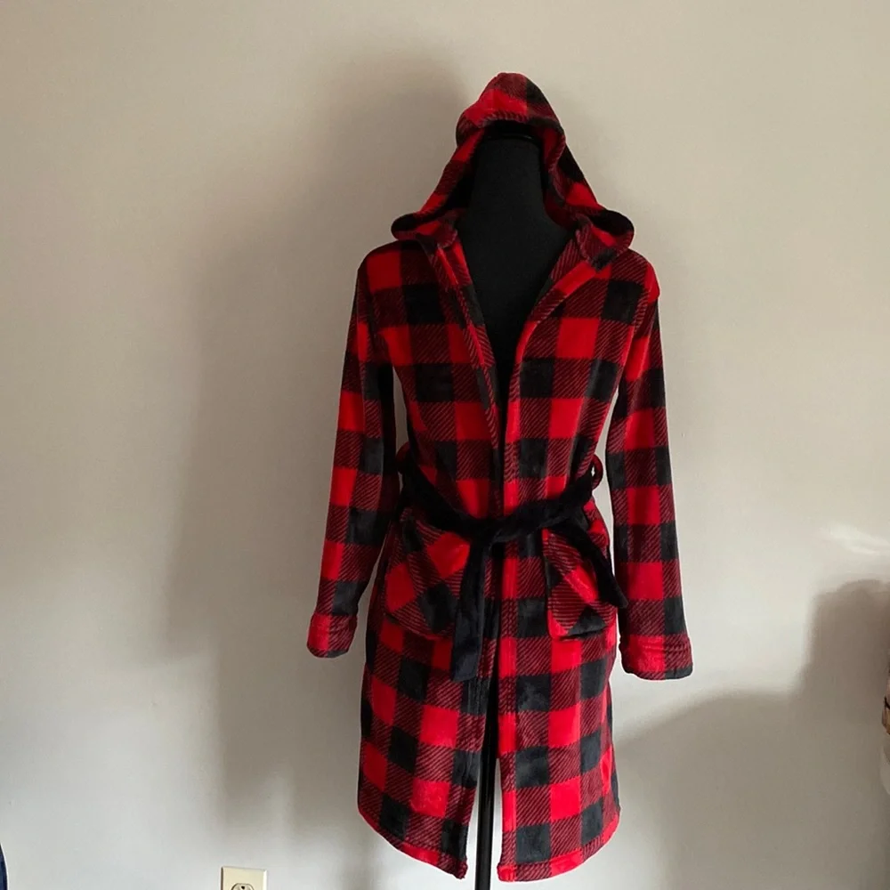 Cuddl Duds Kids red & black Buffalo Plaid hooded fleece robe size L 12/14 large